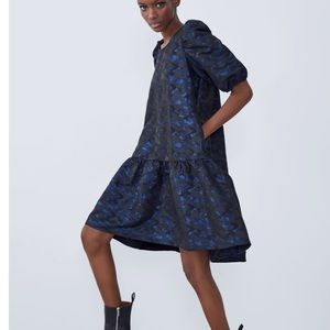 ZARA voluminous jacquard blue camo dress